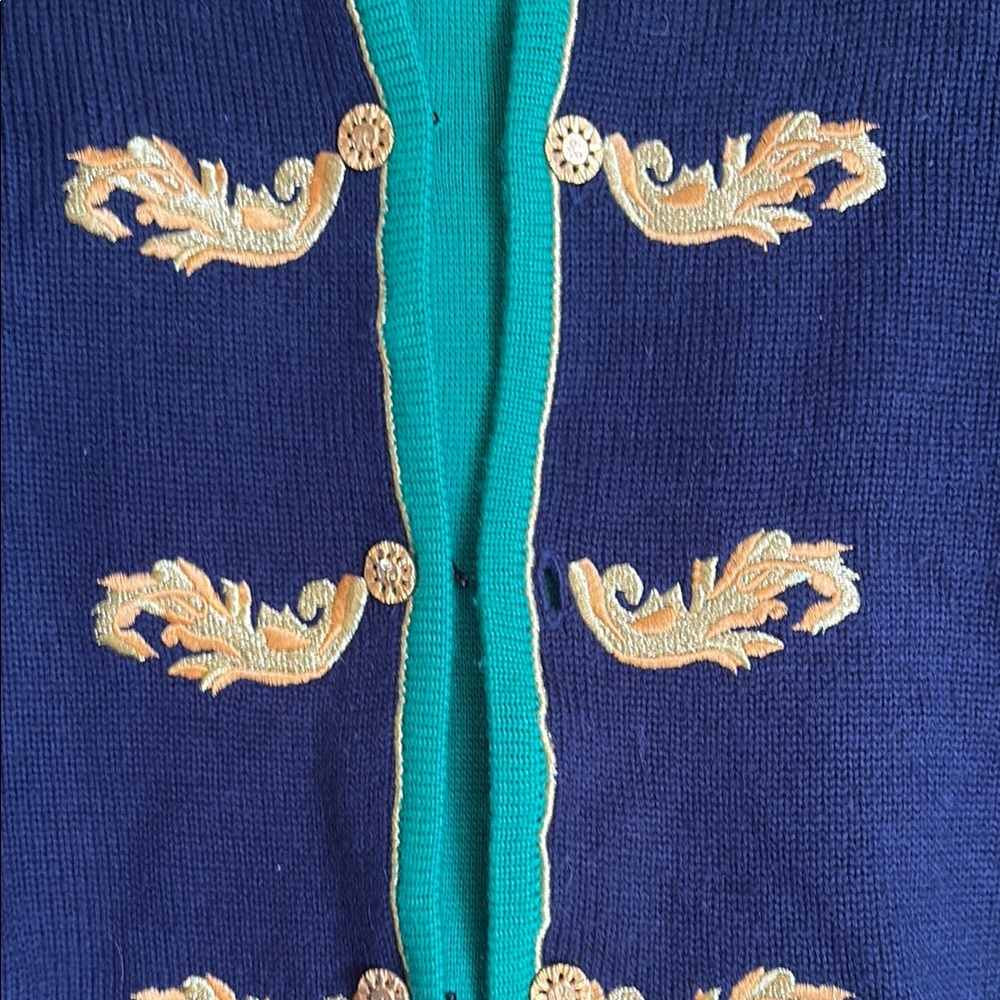 Vintage Susan Bristol Navy and Green Embroidered Cardigan Sweater size Large - Picture 2 of 8
